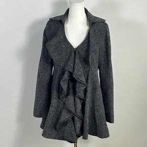 Anthropologie Ryu Feminine Tweed Wool Blend Ruffled Tailored‎ Chic Coat L Gray